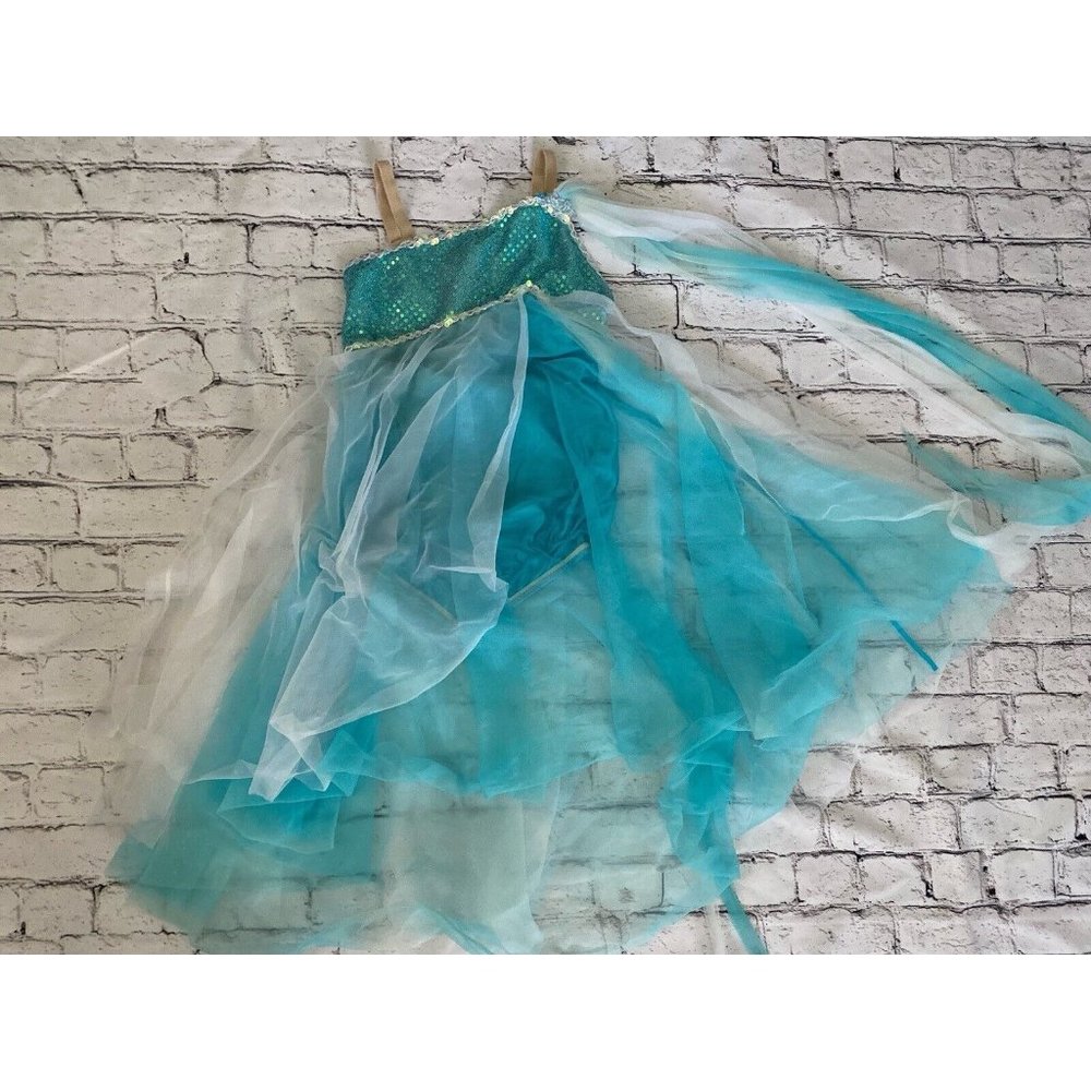 Curtain Call Blue White Lyrical Sequin Dance Costumes High Low Skirt Flowy Sz 10